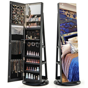 360° Swivel Jewelry Armoire with Full-Length Mirror, Lockable Jewelry Cabinet Standing Organizer w/Rear Storage Shelves 3-Color LED Lights