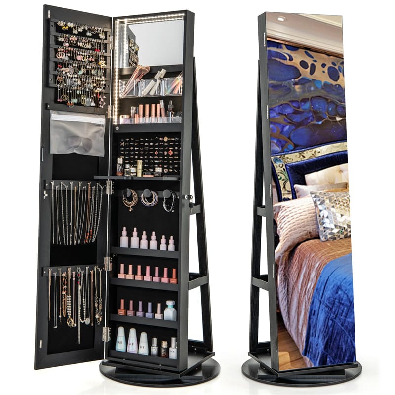 360° Swivel Jewelry Armoire with Full-Length Mirror, Lockable Jewelry Cabinet Standing Organizer w/Rear Storage Shelves 3-Color LED Lights