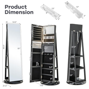 360° Swivel Jewelry Armoire with Full-Length Mirror, Lockable Jewelry Cabinet Standing Organizer w/Rear Storage Shelves 3-Color LED Lights