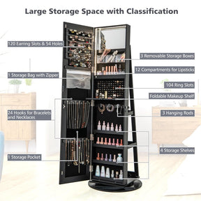 360° Swivel Jewelry Armoire with Full-Length Mirror, Lockable Jewelry Cabinet Standing Organizer w/Rear Storage Shelves 3-Color LED Lights