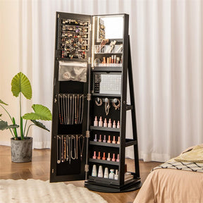 360° Swivel Jewelry Armoire with Full-Length Mirror, Lockable Jewelry Cabinet Standing Organizer w/Rear Storage Shelves 3-Color LED Lights