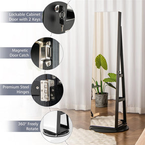 360° Swivel Jewelry Armoire with Full-Length Mirror, Lockable Jewelry Cabinet Standing Organizer w/Rear Storage Shelves 3-Color LED Lights