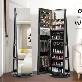 360° Swivel Jewelry Armoire with Full-Length Mirror, Lockable Jewelry Cabinet Standing Organizer w/Rear Storage Shelves 3-Color LED Lights