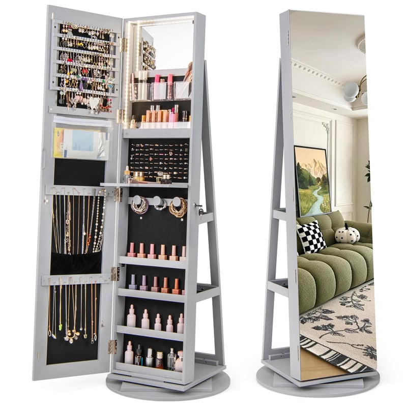 360° Swivel Jewelry Armoire with Full-Length Mirror, Lockable Jewelry Cabinet Standing Organizer w/Rear Storage Shelves 3-Color LED Lights