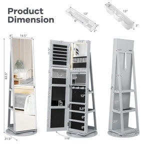 360° Swivel Jewelry Armoire with Full-Length Mirror, Lockable Jewelry Cabinet Standing Organizer w/Rear Storage Shelves 3-Color LED Lights