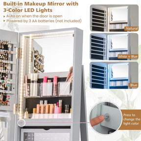 360° Swivel Jewelry Armoire with Full-Length Mirror, Lockable Jewelry Cabinet Standing Organizer w/Rear Storage Shelves 3-Color LED Lights
