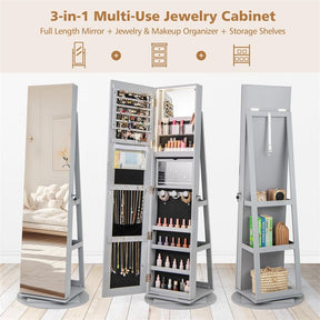 360° Swivel Jewelry Armoire with Full-Length Mirror, Lockable Jewelry Cabinet Standing Organizer w/Rear Storage Shelves 3-Color LED Lights