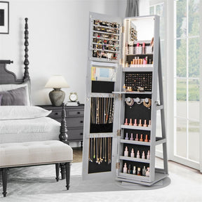 360° Swivel Jewelry Armoire with Full-Length Mirror, Lockable Jewelry Cabinet Standing Organizer w/Rear Storage Shelves 3-Color LED Lights