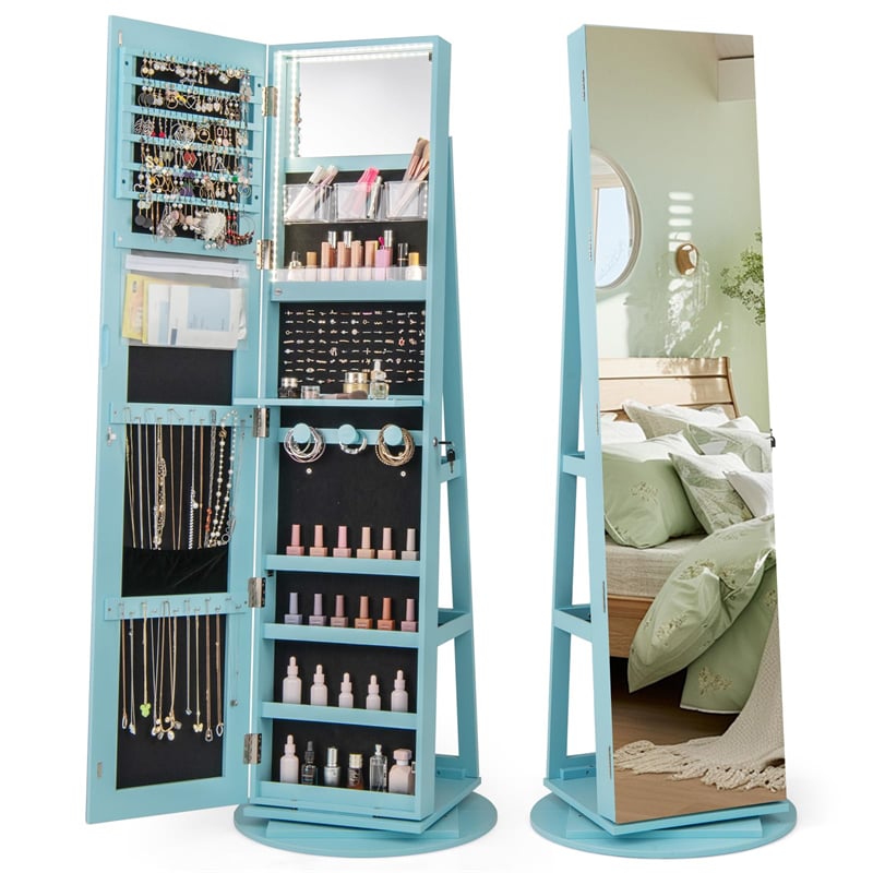 360° Swivel Jewelry Armoire with Full-Length Mirror, Lockable Jewelry Cabinet Standing Organizer w/Rear Storage Shelves 3-Color LED Lights