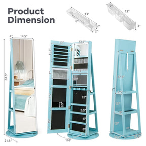 360° Swivel Jewelry Armoire with Full-Length Mirror, Lockable Jewelry Cabinet Standing Organizer w/Rear Storage Shelves 3-Color LED Lights