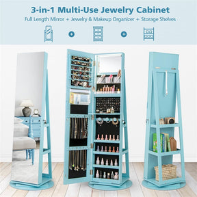 360° Swivel Jewelry Armoire with Full-Length Mirror, Lockable Jewelry Cabinet Standing Organizer w/Rear Storage Shelves 3-Color LED Lights