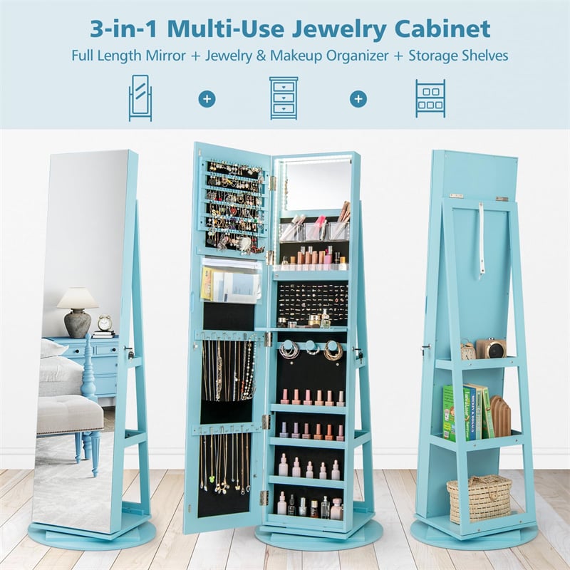 360° Swivel Jewelry Armoire with Full-Length Mirror, Lockable Jewelry Cabinet Standing Organizer w/Rear Storage Shelves 3-Color LED Lights