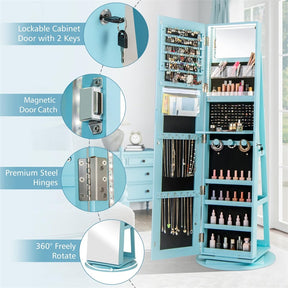 360° Swivel Jewelry Armoire with Full-Length Mirror, Lockable Jewelry Cabinet Standing Organizer w/Rear Storage Shelves 3-Color LED Lights