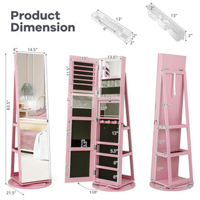 360° Swivel Jewelry Armoire with Full-Length Mirror, Lockable Jewelry Cabinet Standing Organizer w/Rear Storage Shelves 3-Color LED Lights