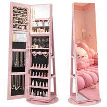 360° Swivel Jewelry Armoire with Full-Length Mirror, Lockable Jewelry Cabinet Standing Organizer w/Rear Storage Shelves 3-Color LED Lights