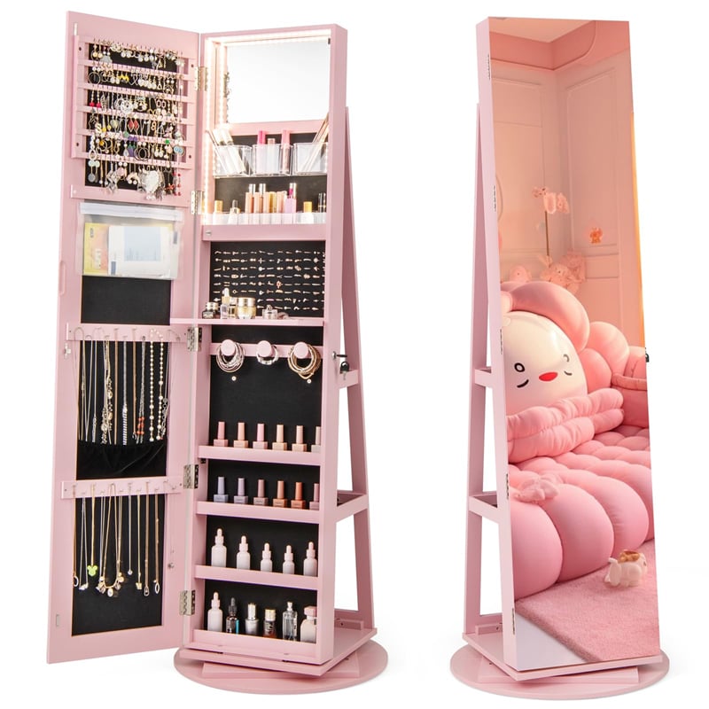 360° Swivel Jewelry Armoire with Full-Length Mirror, Lockable Jewelry Cabinet Standing Organizer w/Rear Storage Shelves 3-Color LED Lights