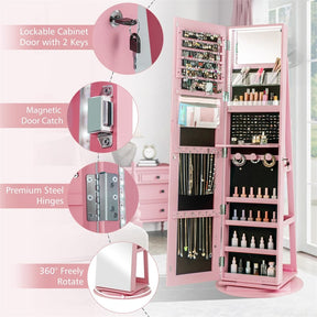 360° Swivel Jewelry Armoire with Full-Length Mirror, Lockable Jewelry Cabinet Standing Organizer w/Rear Storage Shelves 3-Color LED Lights