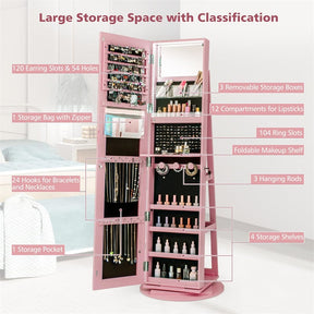 360° Swivel Jewelry Armoire with Full-Length Mirror, Lockable Jewelry Cabinet Standing Organizer w/Rear Storage Shelves 3-Color LED Lights