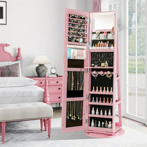 360° Swivel Jewelry Armoire with Full-Length Mirror, Lockable Jewelry Cabinet Standing Organizer w/Rear Storage Shelves 3-Color LED Lights