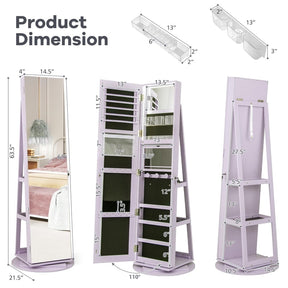 360° Swivel Jewelry Armoire with Full-Length Mirror, Lockable Jewelry Cabinet Standing Organizer w/Rear Storage Shelves 3-Color LED Lights