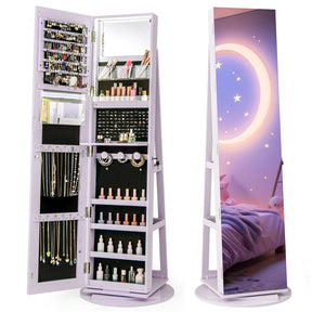 360° Swivel Jewelry Armoire with Full-Length Mirror, Lockable Jewelry Cabinet Standing Organizer w/Rear Storage Shelves 3-Color LED Lights