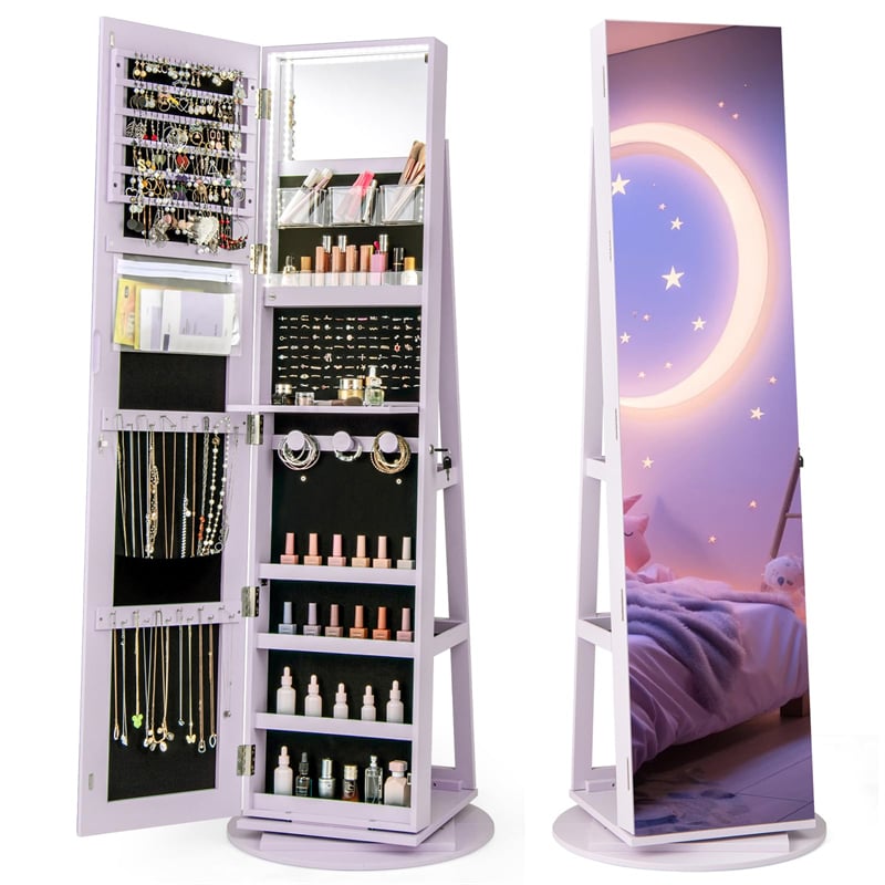 360° Swivel Jewelry Armoire with Full-Length Mirror, Lockable Jewelry Cabinet Standing Organizer w/Rear Storage Shelves 3-Color LED Lights