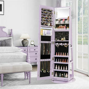 360° Swivel Jewelry Armoire with Full-Length Mirror, Lockable Jewelry Cabinet Standing Organizer w/Rear Storage Shelves 3-Color LED Lights
