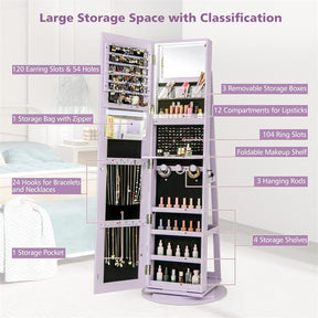 360° Swivel Jewelry Armoire with Full-Length Mirror, Lockable Jewelry Cabinet Standing Organizer w/Rear Storage Shelves 3-Color LED Lights