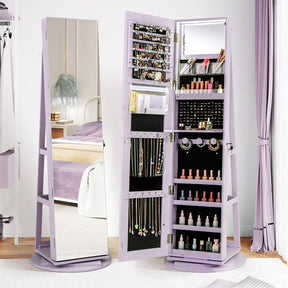 360° Swivel Jewelry Armoire with Full-Length Mirror, Lockable Jewelry Cabinet Standing Organizer w/Rear Storage Shelves 3-Color LED Lights