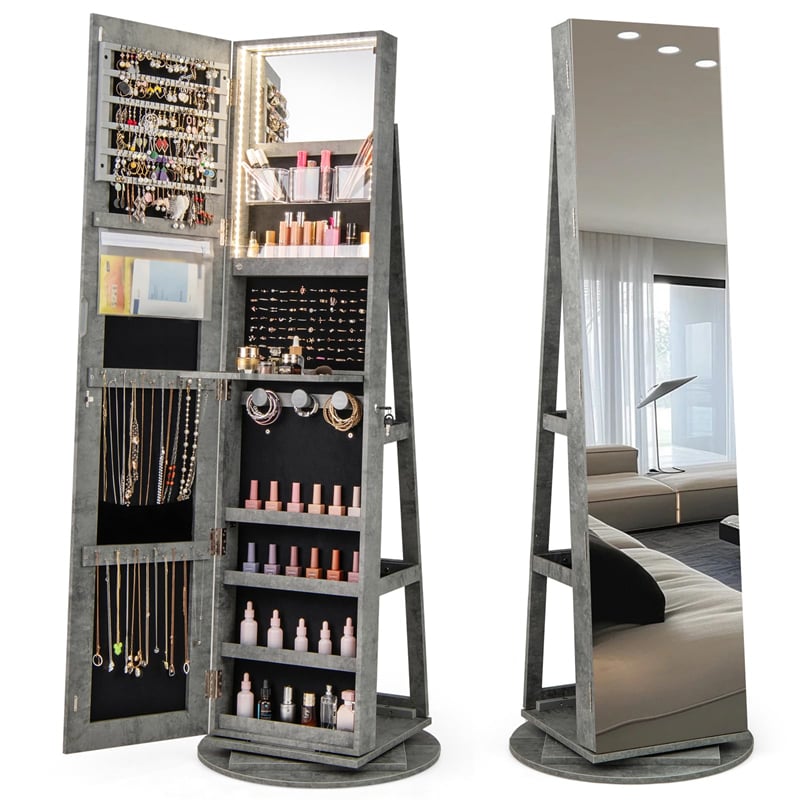 360° Swivel Jewelry Armoire with Full-Length Mirror, Lockable Jewelry Cabinet Standing Organizer w/Rear Storage Shelves 3-Color LED Lights