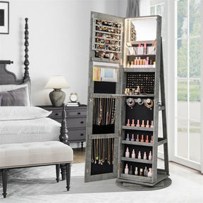 360° Swivel Jewelry Armoire with Full-Length Mirror, Lockable Jewelry Cabinet Standing Organizer w/Rear Storage Shelves 3-Color LED Lights