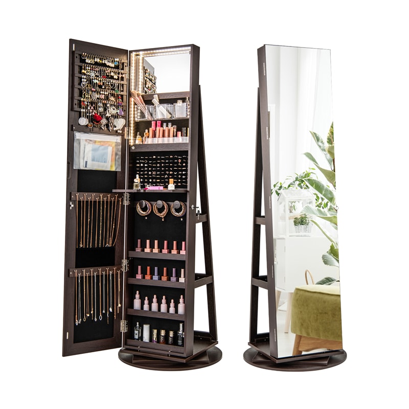 360° Swivel Jewelry Armoire with Full-Length Mirror, Lockable Jewelry Cabinet Standing Organizer w/Rear Storage Shelves 3-Color LED Lights