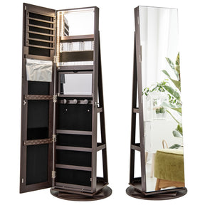 360° Swivel Jewelry Armoire with Full-Length Mirror, Lockable Jewelry Cabinet Standing Organizer w/Rear Storage Shelves 3-Color LED Lights