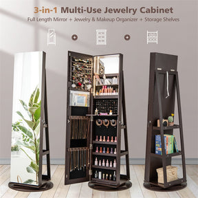360° Swivel Jewelry Armoire with Full-Length Mirror, Lockable Jewelry Cabinet Standing Organizer w/Rear Storage Shelves 3-Color LED Lights