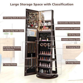 360° Swivel Jewelry Armoire with Full-Length Mirror, Lockable Jewelry Cabinet Standing Organizer w/Rear Storage Shelves 3-Color LED Lights