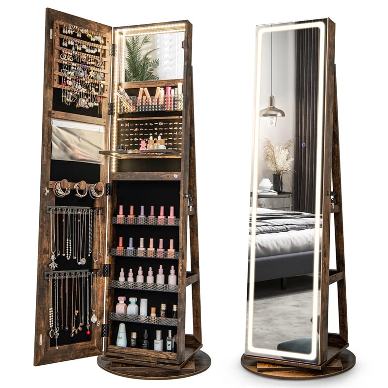 360° Swivel Jewelry Cabinet Armoire w/ Full Length Mirror 3-Color LED Lights & Rear Shelves, Lockable Standing Jewelry Storage Organizer