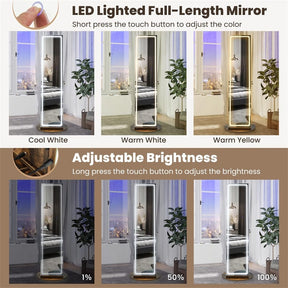 360° Swivel Jewelry Cabinet Armoire w/ Full Length Mirror 3-Color LED Lights & Rear Shelves, Lockable Standing Jewelry Storage Organizer