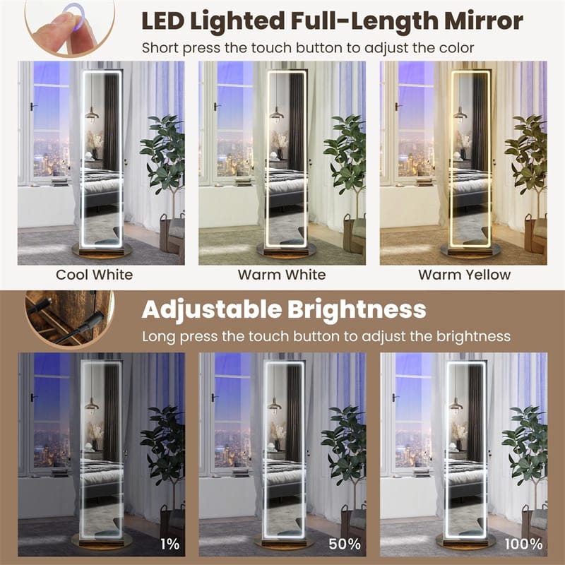 360° Swivel Jewelry Cabinet Armoire w/ Full Length Mirror 3-Color LED Lights & Rear Shelves, Lockable Standing Jewelry Storage Organizer