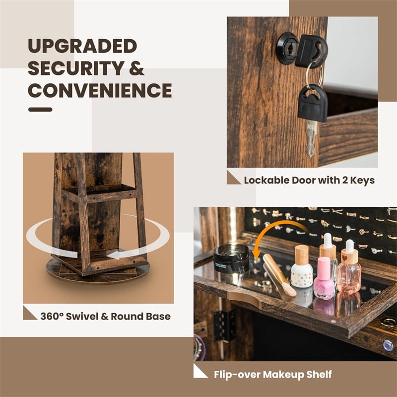 360° Swivel Jewelry Cabinet Armoire w/ Full Length Mirror 3-Color LED Lights & Rear Shelves, Lockable Standing Jewelry Storage Organizer