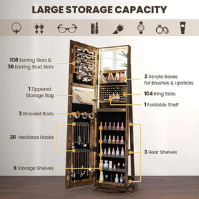 360° Swivel Jewelry Cabinet Armoire w/ Full Length Mirror 3-Color LED Lights & Rear Shelves, Lockable Standing Jewelry Storage Organizer