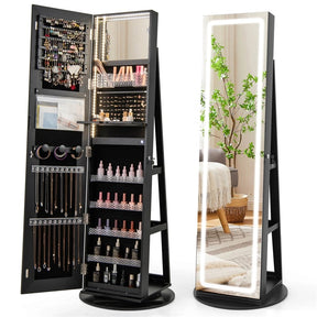 360° Swivel Jewelry Cabinet Armoire w/ Full Length Mirror 3-Color LED Lights & Rear Shelves, Lockable Standing Jewelry Storage Organizer