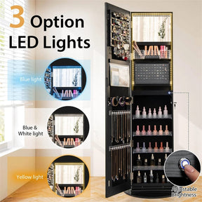 360° Swivel Jewelry Cabinet Armoire w/ Full Length Mirror 3-Color LED Lights & Rear Shelves, Lockable Standing Jewelry Storage Organizer