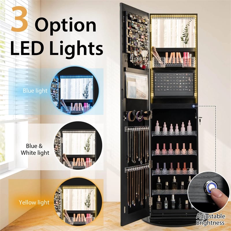 360° Swivel Jewelry Cabinet Armoire w/ Full Length Mirror 3-Color LED Lights & Rear Shelves, Lockable Standing Jewelry Storage Organizer