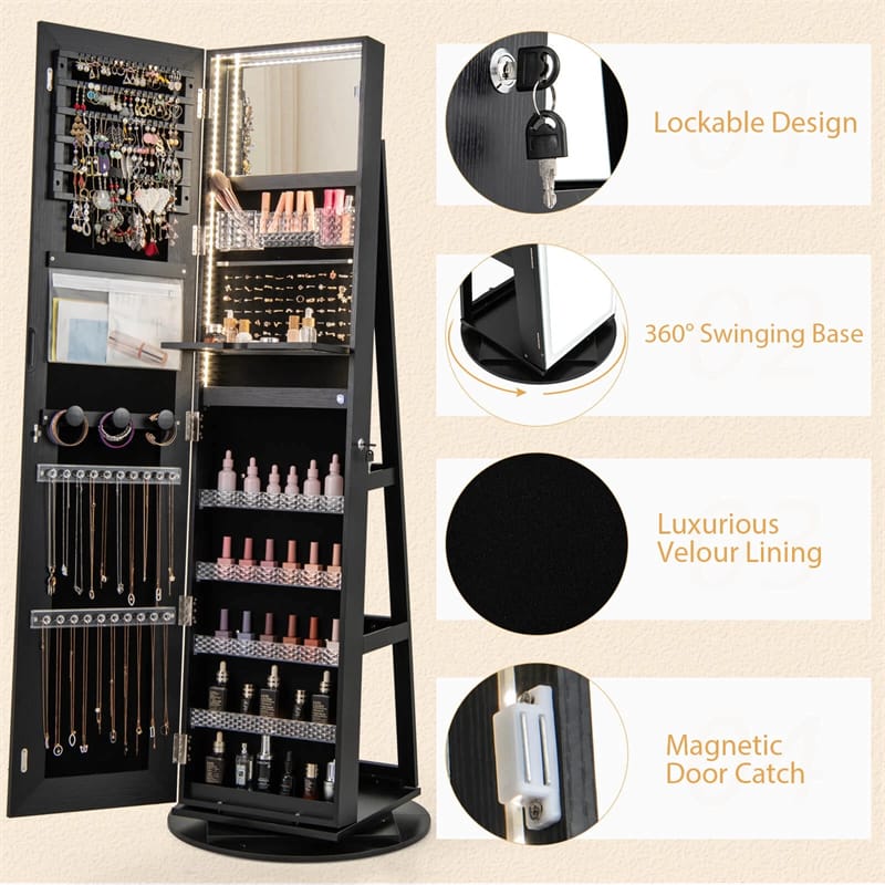 360° Swivel Jewelry Cabinet Armoire w/ Full Length Mirror 3-Color LED Lights & Rear Shelves, Lockable Standing Jewelry Storage Organizer