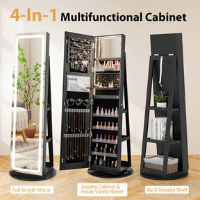 360° Swivel Jewelry Cabinet Armoire w/ Full Length Mirror 3-Color LED Lights & Rear Shelves, Lockable Standing Jewelry Storage Organizer