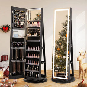 360° Swivel Jewelry Cabinet Armoire w/ Full Length Mirror 3-Color LED Lights & Rear Shelves, Lockable Standing Jewelry Storage Organizer
