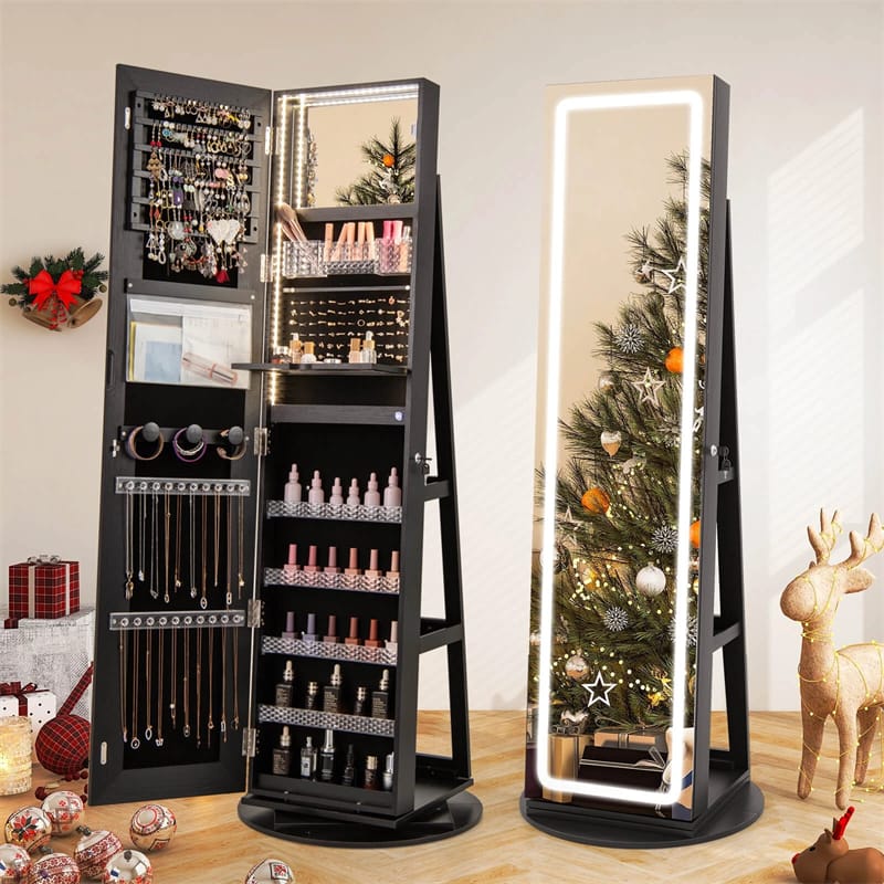 360° Swivel Jewelry Cabinet Armoire w/ Full Length Mirror 3-Color LED Lights & Rear Shelves, Lockable Standing Jewelry Storage Organizer