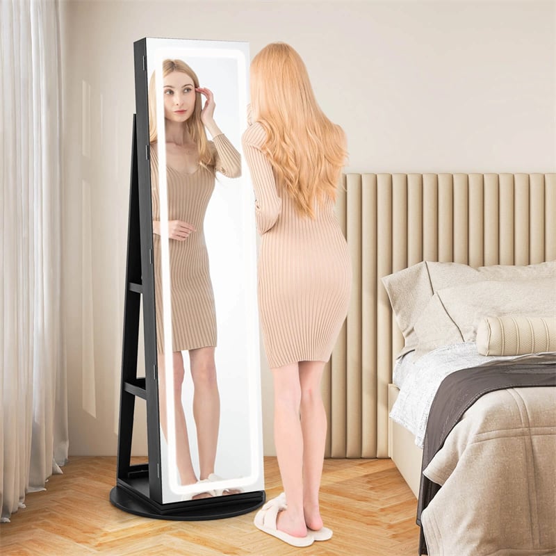 360° Swivel Jewelry Cabinet Armoire w/ Full Length Mirror 3-Color LED Lights & Rear Shelves, Lockable Standing Jewelry Storage Organizer