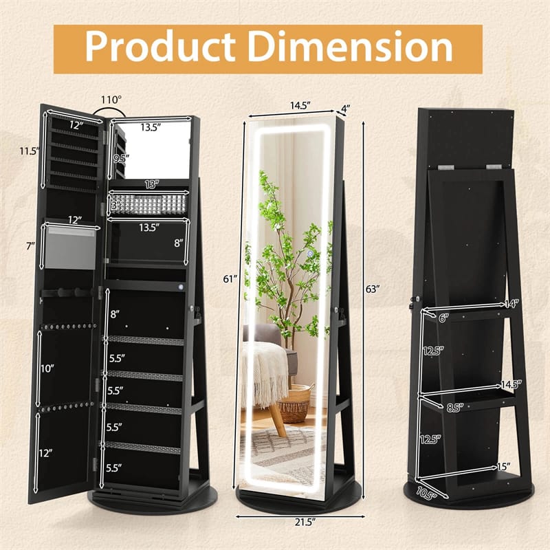 360° Swivel Jewelry Cabinet Armoire w/ Full Length Mirror 3-Color LED Lights & Rear Shelves, Lockable Standing Jewelry Storage Organizer