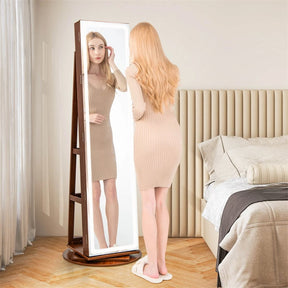 360° Swivel Jewelry Cabinet Armoire w/ Full Length Mirror 3-Color LED Lights & Rear Shelves, Lockable Standing Jewelry Storage Organizer